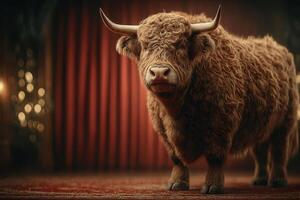 Highland cow stands gracefully in a warm-lit setting with rich red curtains and soft background glow photo