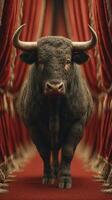 Bull on a red carpet stage surrounded by velvet curtains in a theater setting during a dramatic performance photo