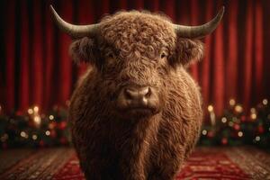 Curly-haired cow stands majestically in an elegantly decorated indoor space during a festive celebration photo