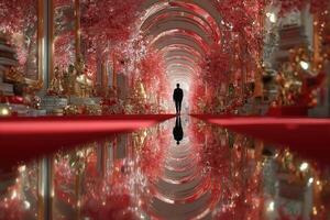 Stunning corridor with vibrant red trees and golden decor creating a magical atmosphere at twilight photo