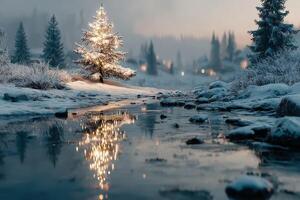 Snowy landscape with a glowing Christmas tree near a tranquil stream at dusk photo