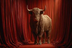 Bull standing confidently on stage with red curtains in an artistic showcase of strength and power photo