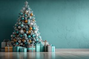 Decorated Christmas tree with gifts in turquoise themed setting during festive season photo