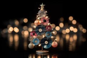 Creative Christmas tree made from vinyl records decorated with lights and ornaments in a festive atmosphere photo