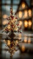 Charming decorated Christmas tree with lights and reflections in a cozy indoor setting during the holiday season photo