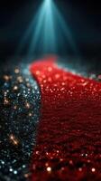 Sparkling red carpet leads the way under dramatic lighting in a glamorous setting photo