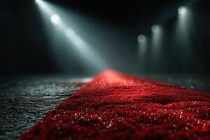 Shimmering red carpet leading to spotlight in a dimly lit venue during an evening event photo