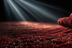 Close-up of shimmering red fabric illuminated by soft light creating a dramatic atmosphere for fashion or artistic purposes photo