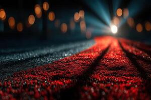 Bright red carpet leads through a dark area illuminated by distant lights photo