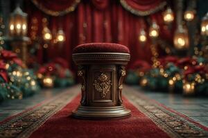 Elegant red velvet stool positioned on a luxurious carpet amidst festive decorations in an opulent indoor setting photo