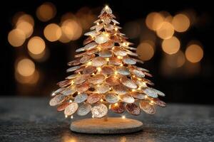 Unique coin tree art with warm lights shining brightly during the festive season photo