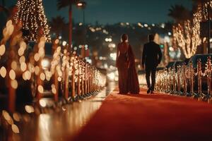 Elegant couple walking down red carpet lined with lights at night in city setting photo