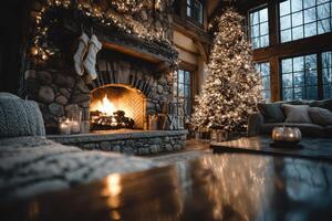 Cozy winter living room with a stone fireplace and Christmas tree illuminated by soft lights photo