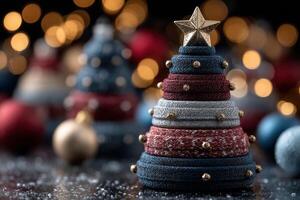 Decorative fabric Christmas tree with a star atop and colorful ornaments on a blurred festive background photo