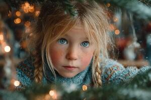 Child exploring holiday decorations in a cozy indoor setting during winter photo