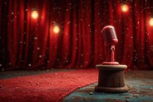 Vintage microphone stands on a red carpet under warm lights with curtains as a backdrop photo