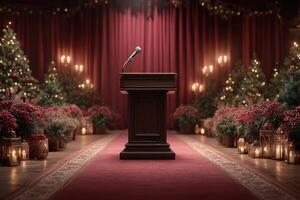 Festive stage setup with a microphone surrounded by holiday decorations and warm lights in a cozy venue photo