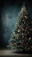 Elegant Christmas tree adorned with ornaments and warm lights in a cozy setting photo