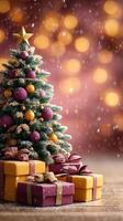Christmas tree decorated with ornaments and presents in a cozy indoor setting during the holiday season photo