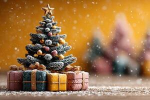 Colorful Christmas tree with presents under soft snowfall in winter season setting photo