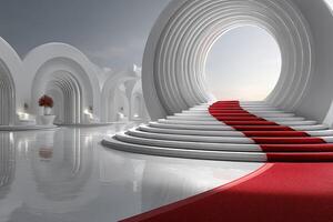 Elegant ceremony space with a red carpet and modern architectural design during daylight photo
