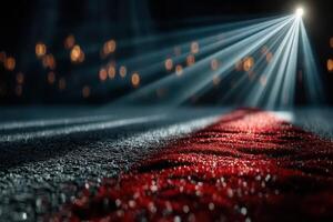 Dramatic red carpet leading to a spotlighted area in a darkened venue during an evening event photo