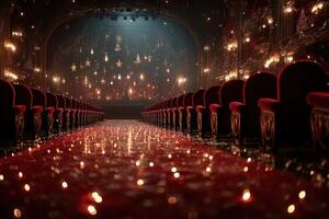 Elegant theater interior with red velvet seats and shimmering lighting in a vintage setting photo