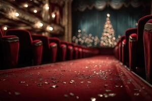 Elegant theater interior decorated for festive season with red velvet seats and twinkling lights visible in the background photo