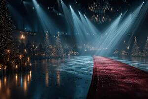 Elegant holiday gala with rich decorations, soft lighting, and festive atmosphere in a luxurious venue on a winter evening photo
