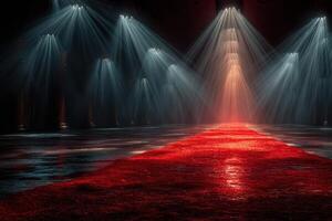 Stage illuminated with dramatic lighting effects highlighting a red carpet in a dark hall during a special event photo
