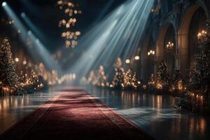 Elegant hall decorated for a festive winter celebration with glowing lights and evergreen trees photo