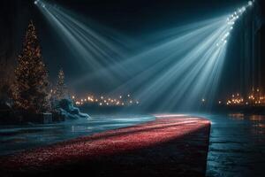 Dramatic spotlight effects illuminate a red carpet lined with Christmas trees in a dimly lit venue photo