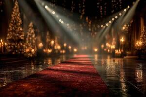 Elegant red carpet with twinkling lights and festive decorations in a grand hall photo