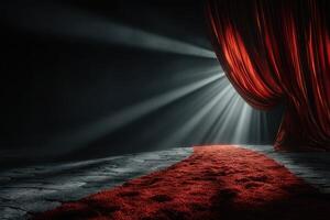 Grand entrance revealed with red velvet curtain and spotlight in a dramatic theater setting photo
