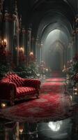 Luxurious interior with a red velvet couch in an ornate hallway illuminated by candlelight photo