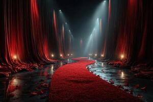 Dramatic hallway with a red carpet and dim lighting creating a moody atmosphere in an indoor setting at night photo