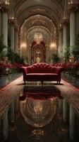 Elegant red sofa in a lavish hall with ornate decorations and festive greenery during a gala event photo