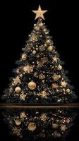 Elegant Christmas tree adorned with gold decorations and lights create a festive ambiance in the dark photo