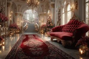 Luxurious interior featuring a grand staircase and ornate furnishings during an evening celebration photo