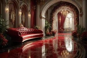 Elegant interior design of a luxurious red-themed room adorned with plants and fine details photo