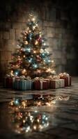 Christmas tree decorated with lights and gifts reflecting on the floor in a cozy setting during the holiday season photo