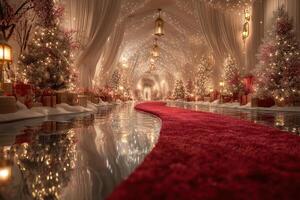 Magical holiday pathway lined with decorated trees and shimmering lights creates a festive atmosphere photo