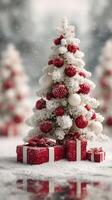 Decorative Christmas tree adorned with red and white ornaments surrounded by festively wrapped presents photo