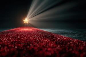 Red carpet leading to a shining star against a dark background, symbolizing glamour and achievement in entertainment photo