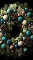 Beautiful decorative wreath with turquoise and gold ornaments for festive holiday celebrations photo