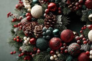 Colorful Christmas wreath adorned with ornaments and pinecones captures festive spirit in detailed close-up view photo