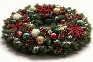 Festive Christmas wreath adorned with ornaments and ribbons displayed on a neutral background photo