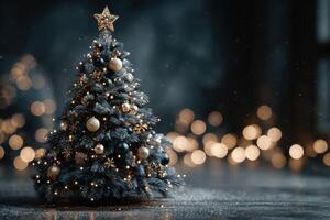 Festive Christmas tree adorned with gold and black ornaments in a cozy holiday setting photo