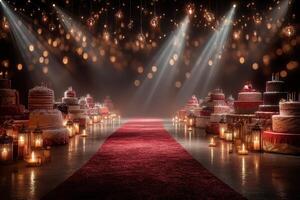 Elegant dessert display featuring multiple cake designs arranged on a festive red carpet with soft lighting and glowing lanterns photo