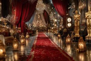 Luxurious event venue decorated with chandeliers and golden statues creating a glamorous atmosphere photo